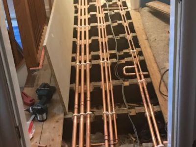 The pipework for a new boiler installation.